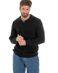 Maglioncino Uomo Con Colletto Maglia Inglese Scollo V Polo Derby Casual Basic Tinta Unita Nero GIOSAL-M2889A