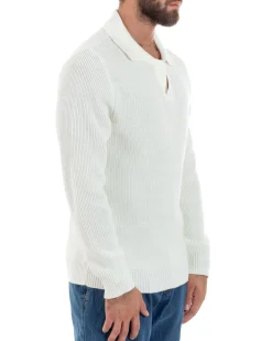 Maglioncino Uomo Con Colletto Maglia Inglese Scollo V Polo Derby Casual Basic Tinta Unita Panna GIOSAL-M2888A