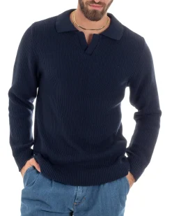 Maglioncino Uomo Con Colletto Maglia Inglese Scollo V Polo Derby Casual Basic Tinta Unita Blu GIOSAL-M2887A