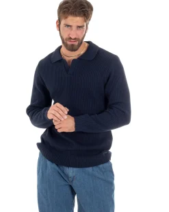 Maglioncino Uomo Con Colletto Maglia Inglese Scollo V Polo Derby Casual Basic Tinta Unita Blu GIOSAL-M2887A