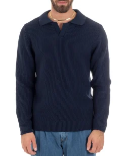 Maglioncino Uomo Con Colletto Maglia Inglese Scollo V Polo Derby Casual Basic Tinta Unita Blu GIOSAL-M2887A