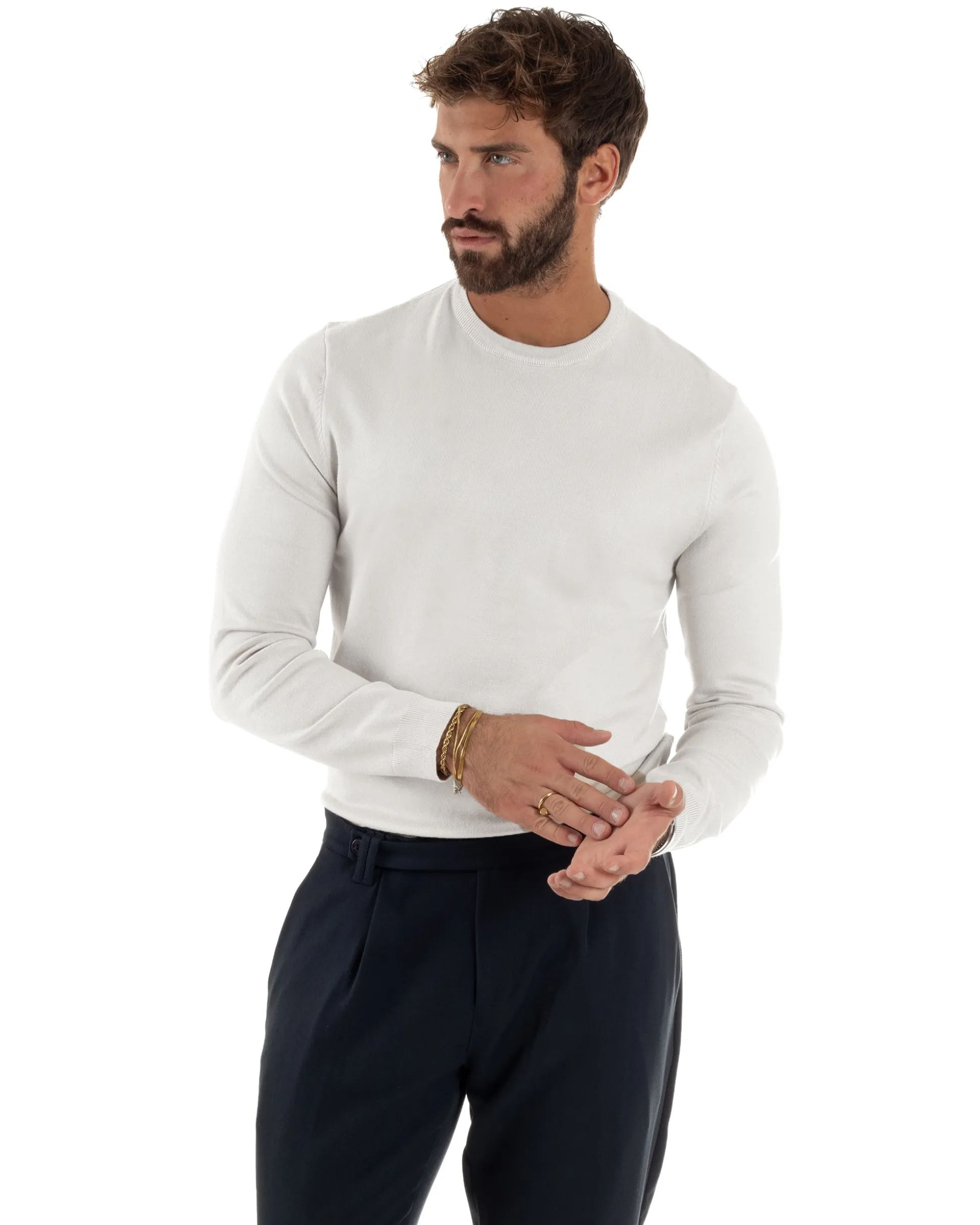 Maglioncino Uomo Girocollo Maglia Rasata Basic Bianco M2506A