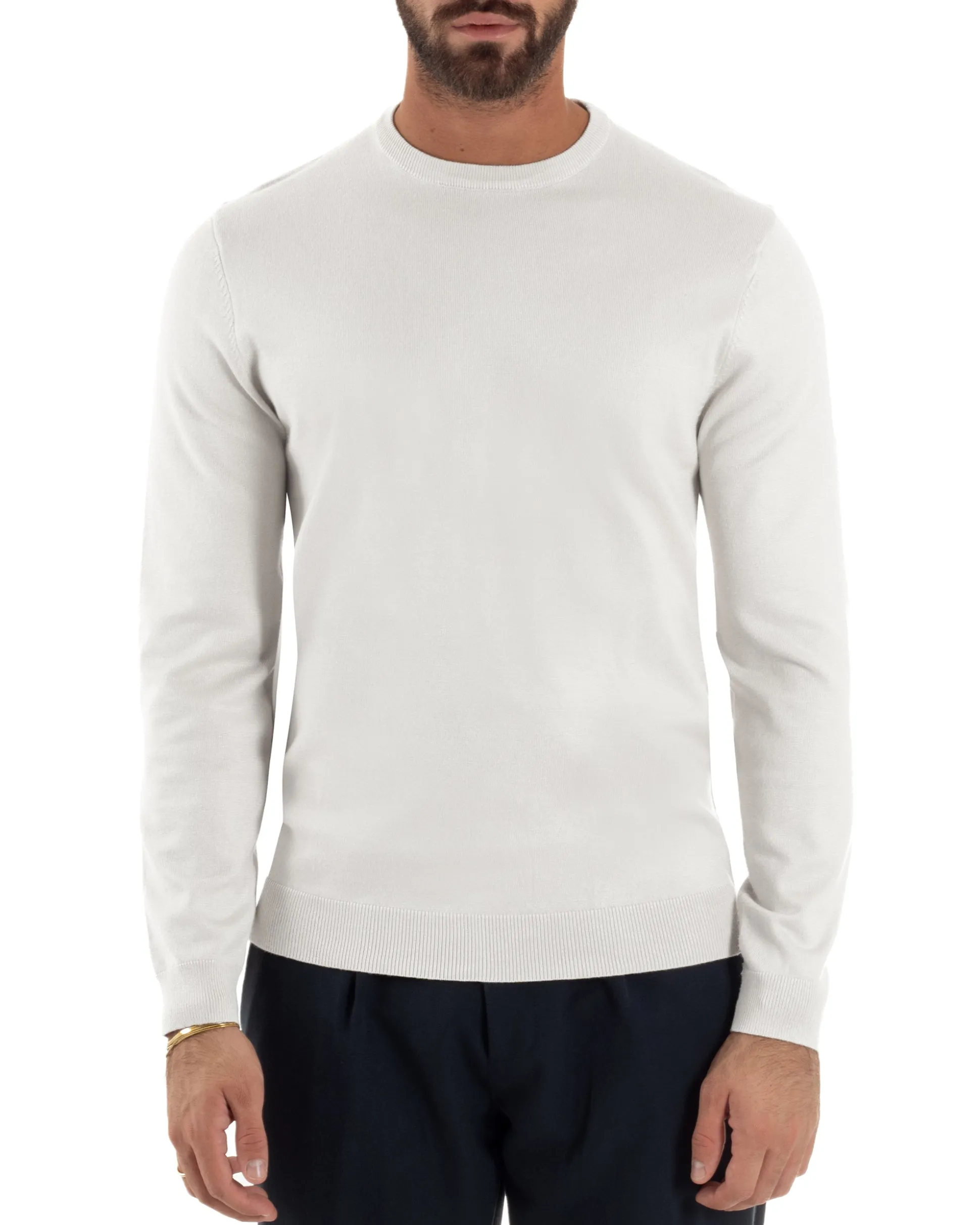 Maglioncino Uomo Girocollo Maglia Rasata Basic Bianco M2506A