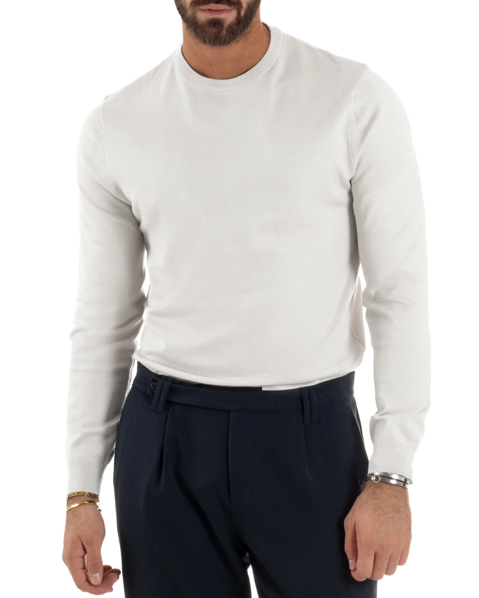Maglioncino Uomo Girocollo Maglia Rasata Basic Bianco M2506A