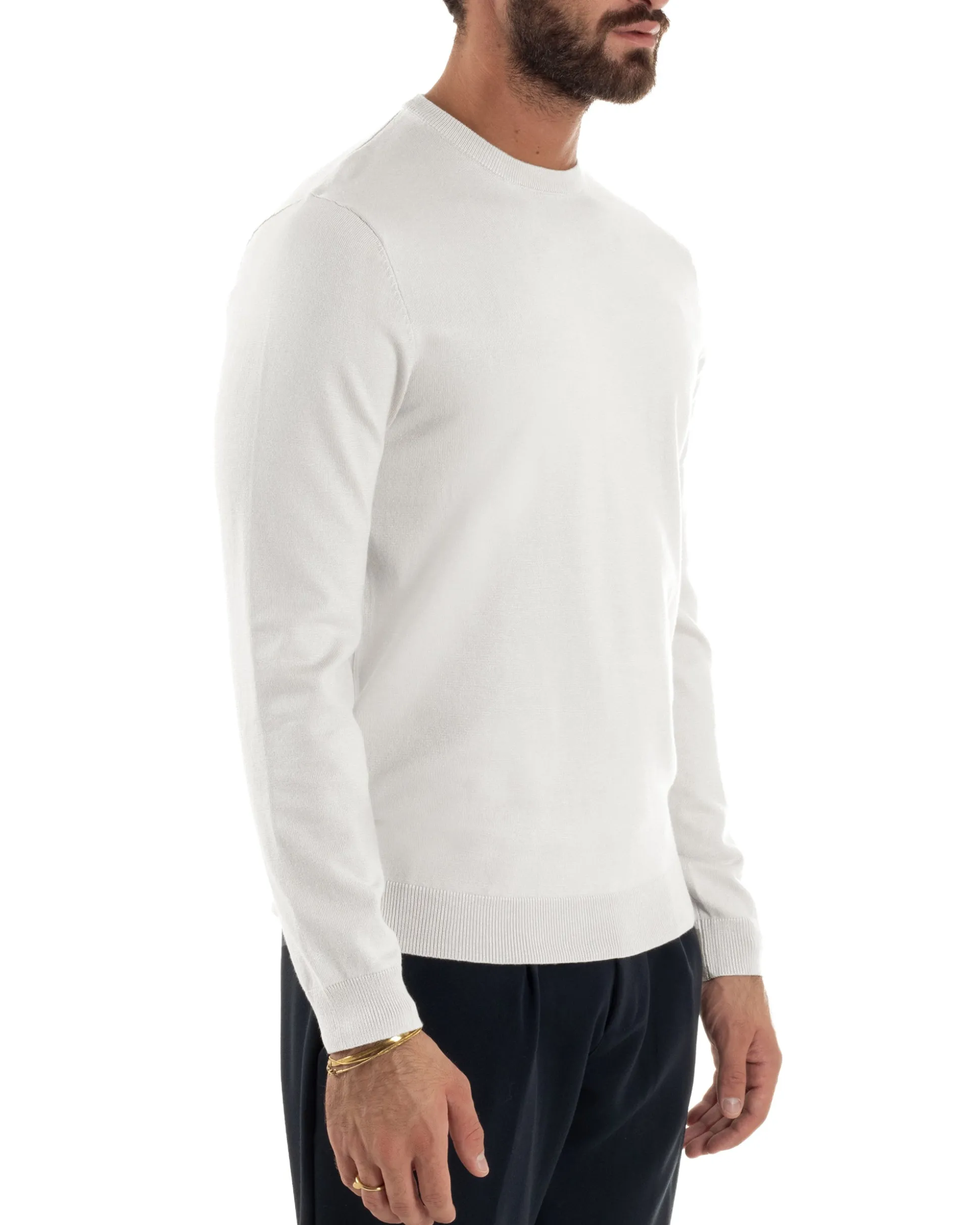 Maglioncino Uomo Girocollo Maglia Rasata Basic Bianco M2506A