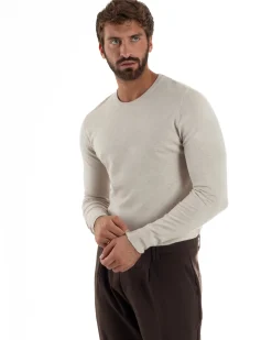 Maglioncino Uomo Girocollo Maglia Rasata Basic Beige Melangiato M2571A
