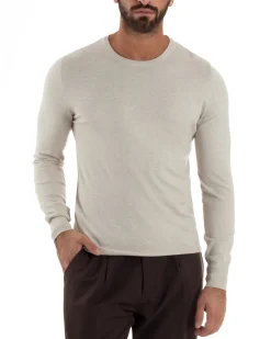 Maglioncino Uomo Girocollo Maglia Rasata Basic Beige Melangiato M2571A
