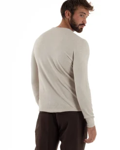 Maglioncino Uomo Girocollo Maglia Rasata Basic Beige Melangiato M2571A