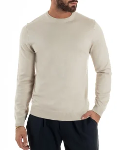 Maglioncino Uomo Girocollo Maglia Rasata Basic Beige M2512A