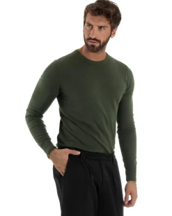 Maglioncino Uomo Girocollo Maglia Rasata Basic Verde Militare M2496A