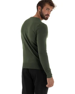 Maglioncino Uomo Girocollo Maglia Rasata Basic Verde Militare M2496A
