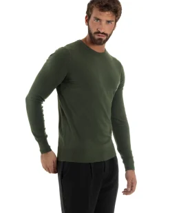Maglioncino Uomo Girocollo Maglia Rasata Basic Verde Militare M2496A