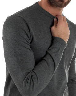 Maglioncino Uomo Girocollo Maglia Rasata Basic Grigio Scuro M2500A
