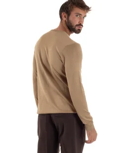 Maglioncino Uomo Girocollo Maglia Rasata Basic Camel M2499A