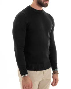 Maglioncino Uomo Girocollo Maglia Inglese Maglione Morbido Basic Tinta Unita Nero GIOSAL-M2939A