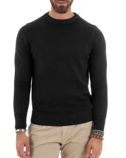 Maglioncino Uomo Girocollo Maglia Inglese Maglione Morbido Basic Tinta Unita Nero GIOSAL-M2939A