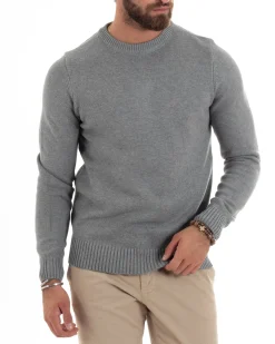 Maglioncino Uomo Girocollo Maglia Inglese Maglione Morbido Basic Tinta Unita Grigio GIOSAL-M2935A