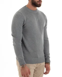Maglioncino Uomo Girocollo Maglia Inglese Maglione Morbido Basic Tinta Unita Grigio GIOSAL-M2935A