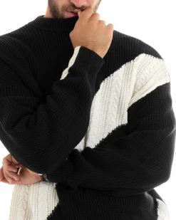 Maglioncino Uomo Girocollo Maglia Inglese Trecce Maglione Over Bicolore Nero GIOSAL-M2696A
