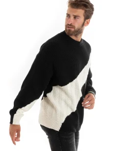 Maglioncino Uomo Girocollo Maglia Inglese Trecce Maglione Over Bicolore Nero GIOSAL-M2696A
