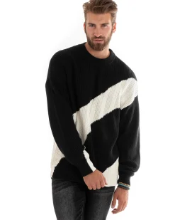 Maglioncino Uomo Girocollo Maglia Inglese Trecce Maglione Over Bicolore Nero GIOSAL-M2696A
