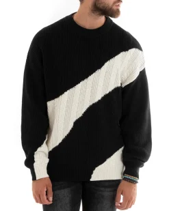 Maglioncino Uomo Girocollo Maglia Inglese Trecce Maglione Over Bicolore Nero GIOSAL-M2696A