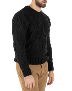 Maglioncino Uomo Girocollo Maglia Inglese Maglione Trecce Rombi Nero GIOSAL-M2789A
