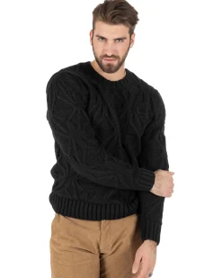 Maglioncino Uomo Girocollo Maglia Inglese Maglione Trecce Rombi Nero GIOSAL-M2789A