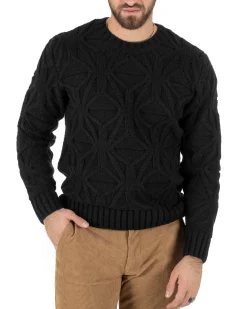 Maglioncino Uomo Girocollo Maglia Inglese Maglione Trecce Rombi Nero GIOSAL-M2789A