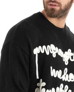 Maglioncino Uomo Girocollo Maglia Nero Maglione Over Scritta Ricamata GIOSAL-M2731A