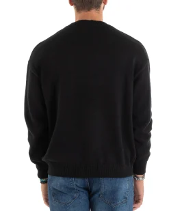 Maglioncino Uomo Girocollo Maglia Nero Maglione Over Scritta Ricamata GIOSAL-M2731A