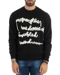 Maglioncino Uomo Girocollo Maglia Nero Maglione Over Scritta Ricamata GIOSAL-M2731A