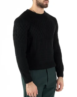 Maglioncino Uomo Girocollo Maglia Inglese Trecce Nero GIOSAL-M2786A