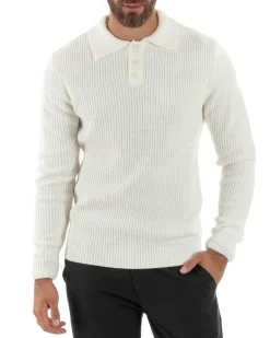 Maglioncino Uomo Maglia Inglese Casual Bottoni Polo Maniche Lunghe Tinta Unita Bianco GIOSAL-M2854A