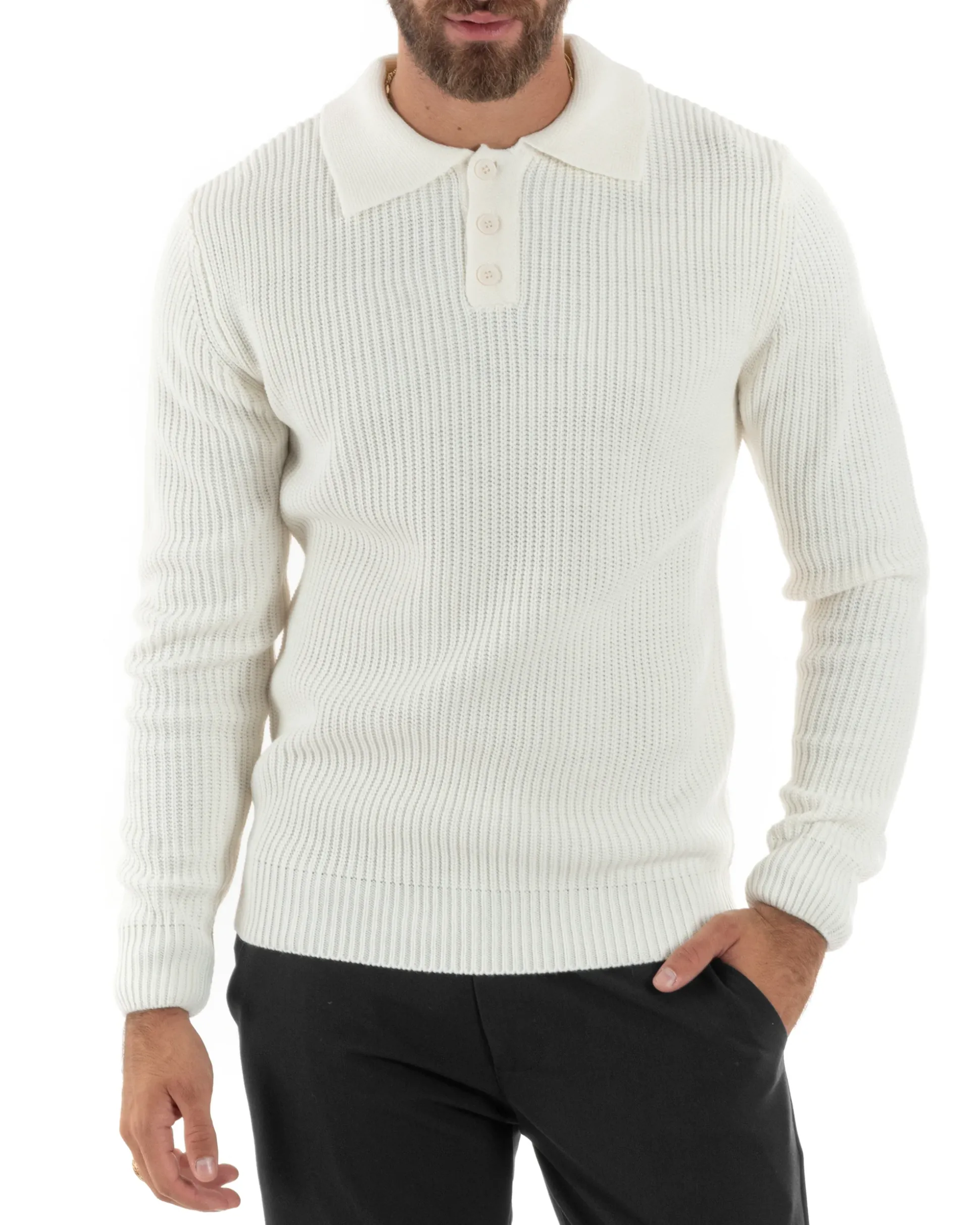 Maglioncino Uomo Maglia Inglese Casual Bottoni Polo Maniche Lunghe Tinta Unita Bianco GIOSAL-M2854A