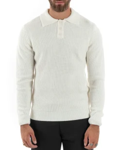 Maglioncino Uomo Maglia Inglese Casual Bottoni Polo Maniche Lunghe Tinta Unita Bianco GIOSAL-M2854A