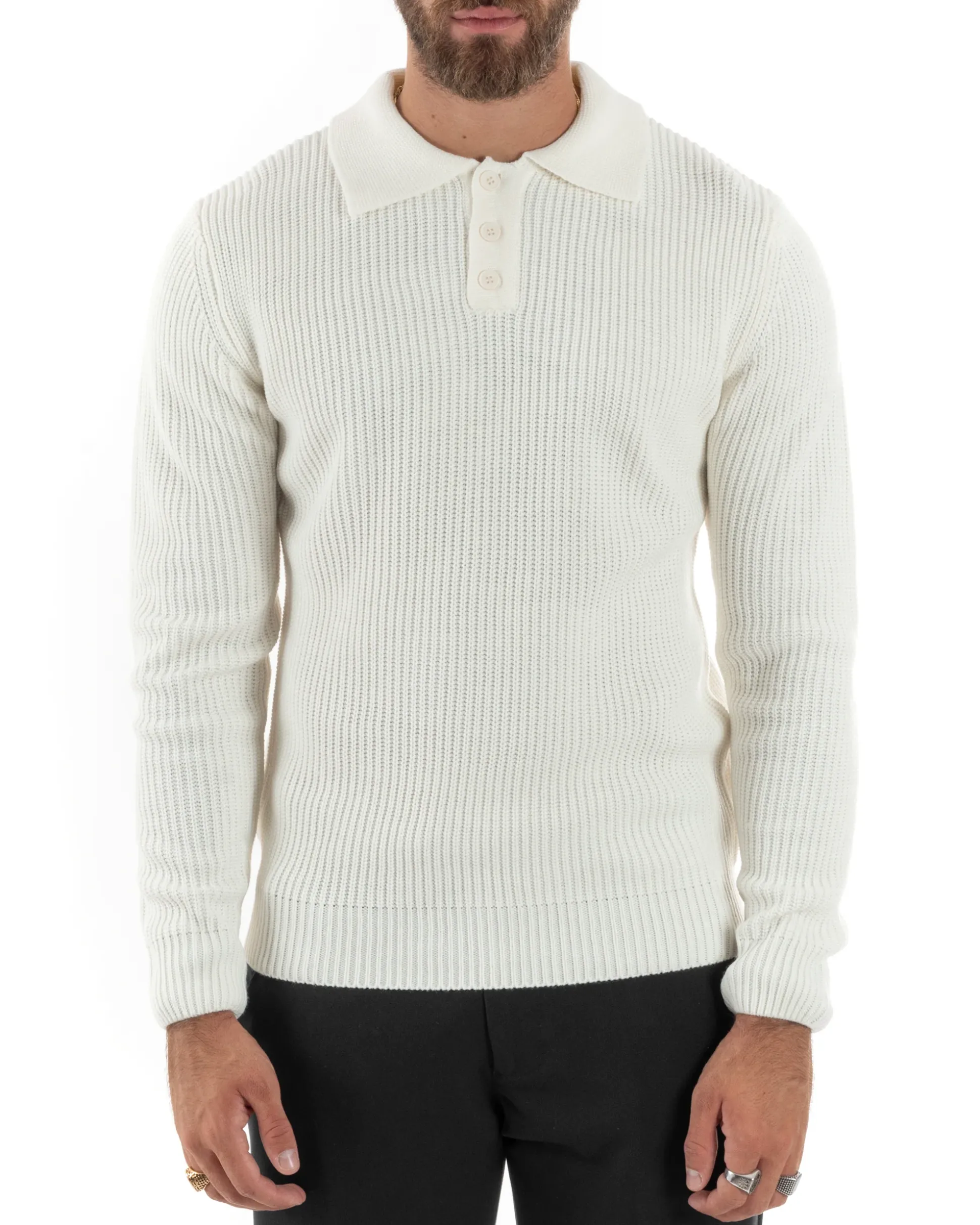 Maglioncino Uomo Maglia Inglese Casual Bottoni Polo Maniche Lunghe Tinta Unita Bianco GIOSAL-M2854A