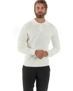 Maglioncino Uomo Maglia Inglese Casual Bottoni Polo Maniche Lunghe Tinta Unita Bianco GIOSAL-M2854A