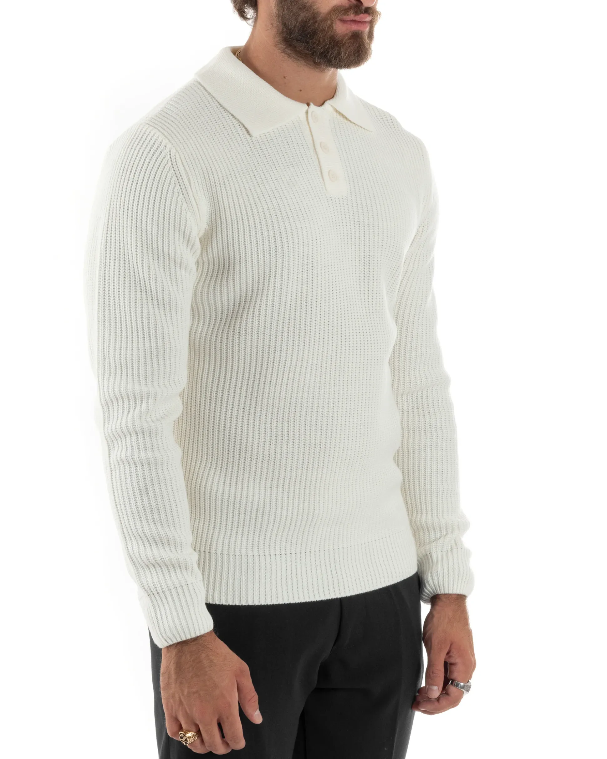 Maglioncino Uomo Maglia Inglese Casual Bottoni Polo Maniche Lunghe Tinta Unita Bianco GIOSAL-M2854A