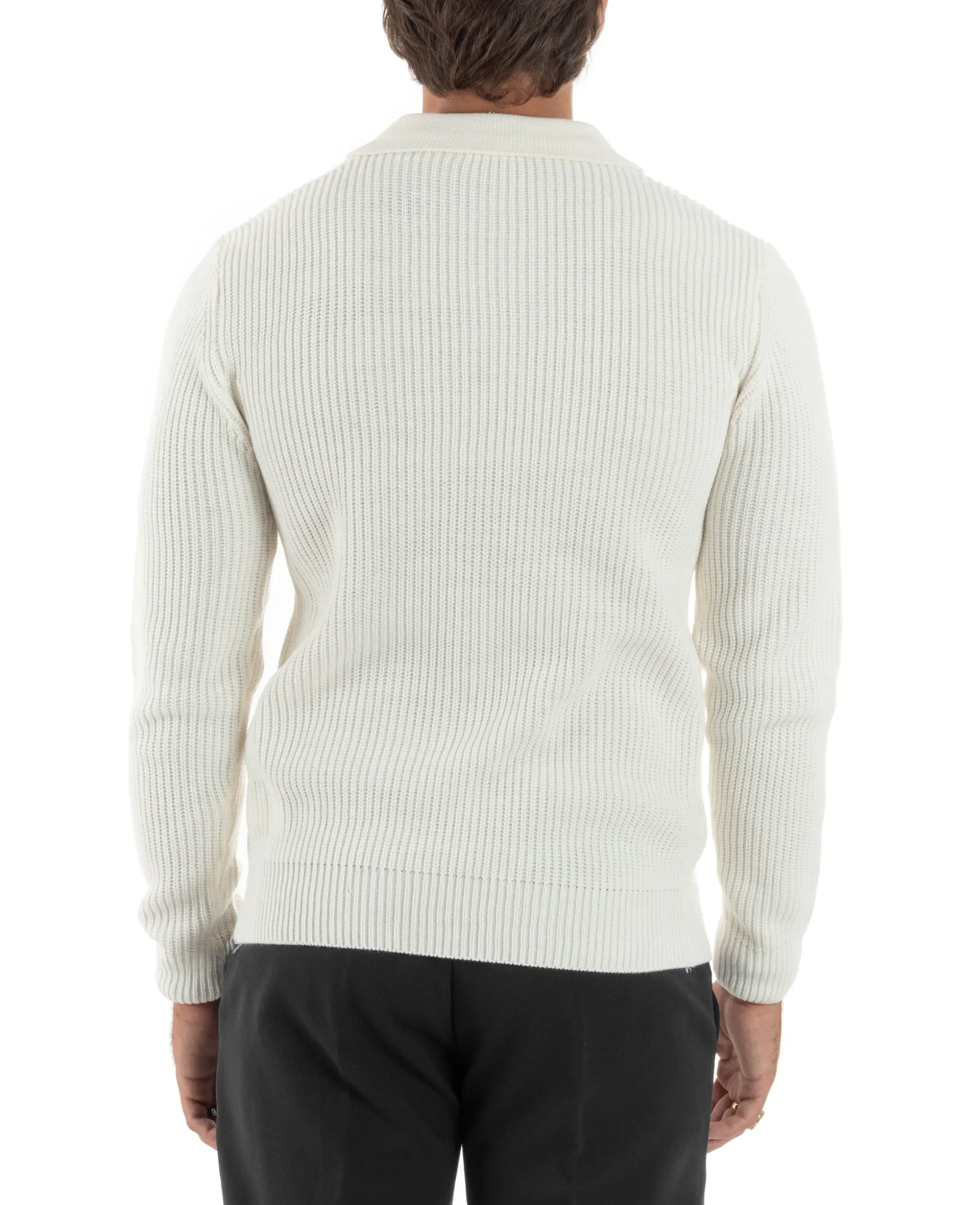 Maglioncino Uomo Maglia Inglese Casual Bottoni Polo Maniche Lunghe Tinta Unita Bianco GIOSAL-M2854A
