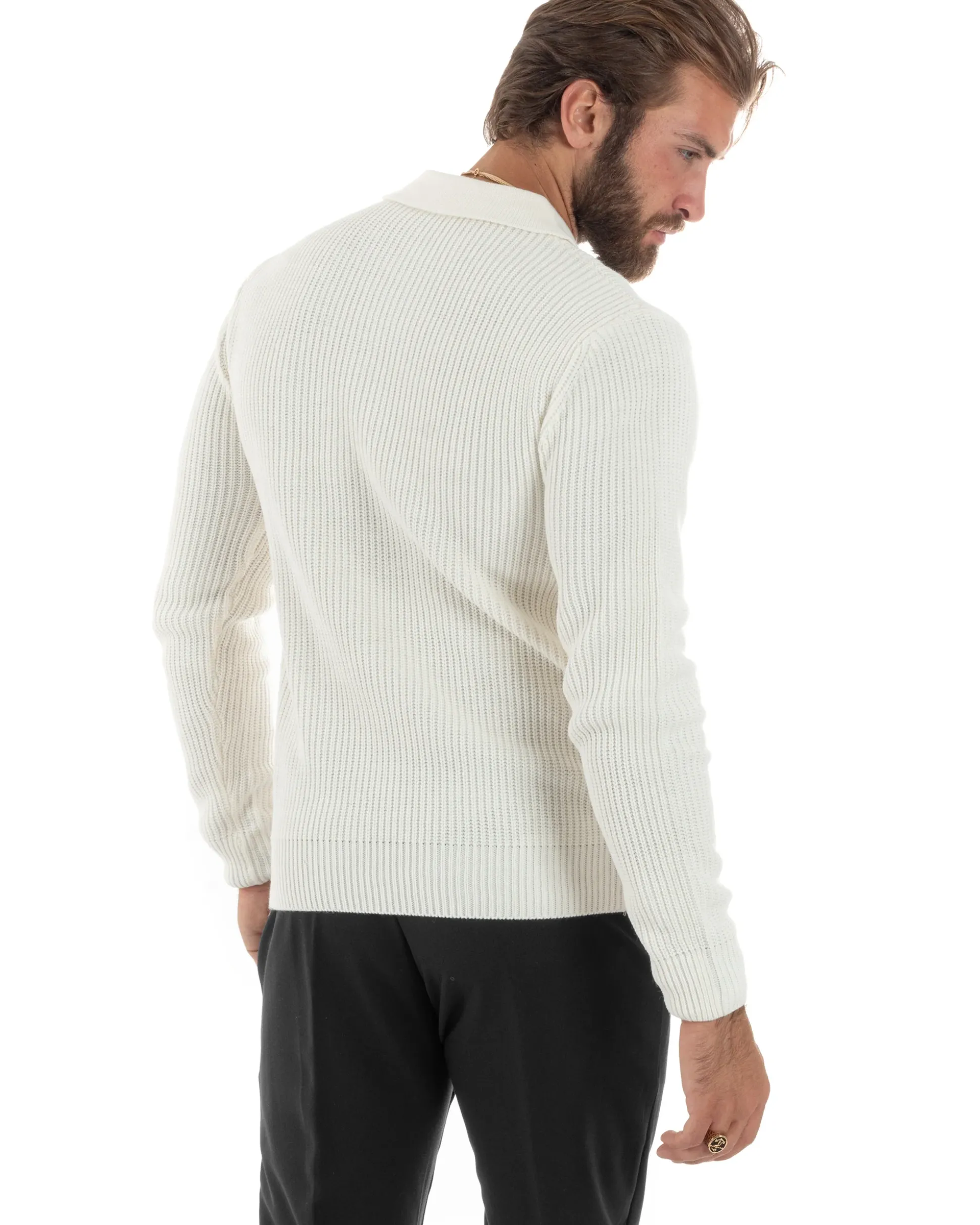 Maglioncino Uomo Maglia Inglese Casual Bottoni Polo Maniche Lunghe Tinta Unita Bianco GIOSAL-M2854A