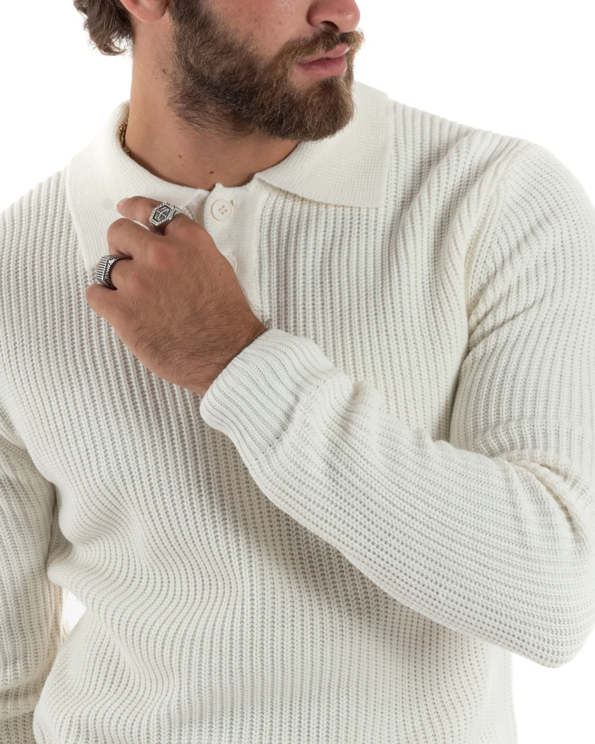 Maglioncino Uomo Maglia Inglese Casual Bottoni Polo Maniche Lunghe Tinta Unita Bianco GIOSAL-M2854A