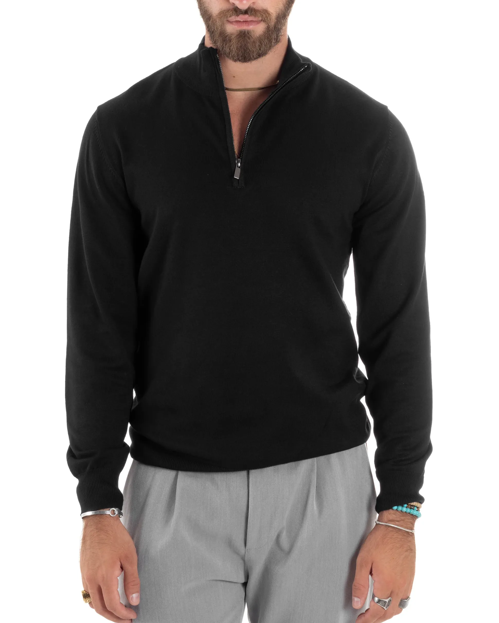 Maglioncino Uomo Maglia Maniche Lunghe Rasata Basic Pullover Mezza Zip Tinta Unita Nero GIOSAL-M2839A