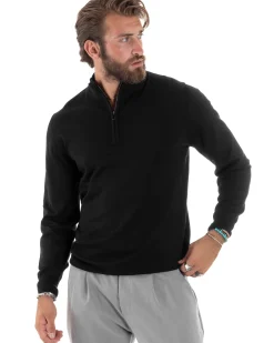Maglioncino Uomo Maglia Maniche Lunghe Rasata Basic Pullover Mezza Zip Tinta Unita Nero GIOSAL-M2839A