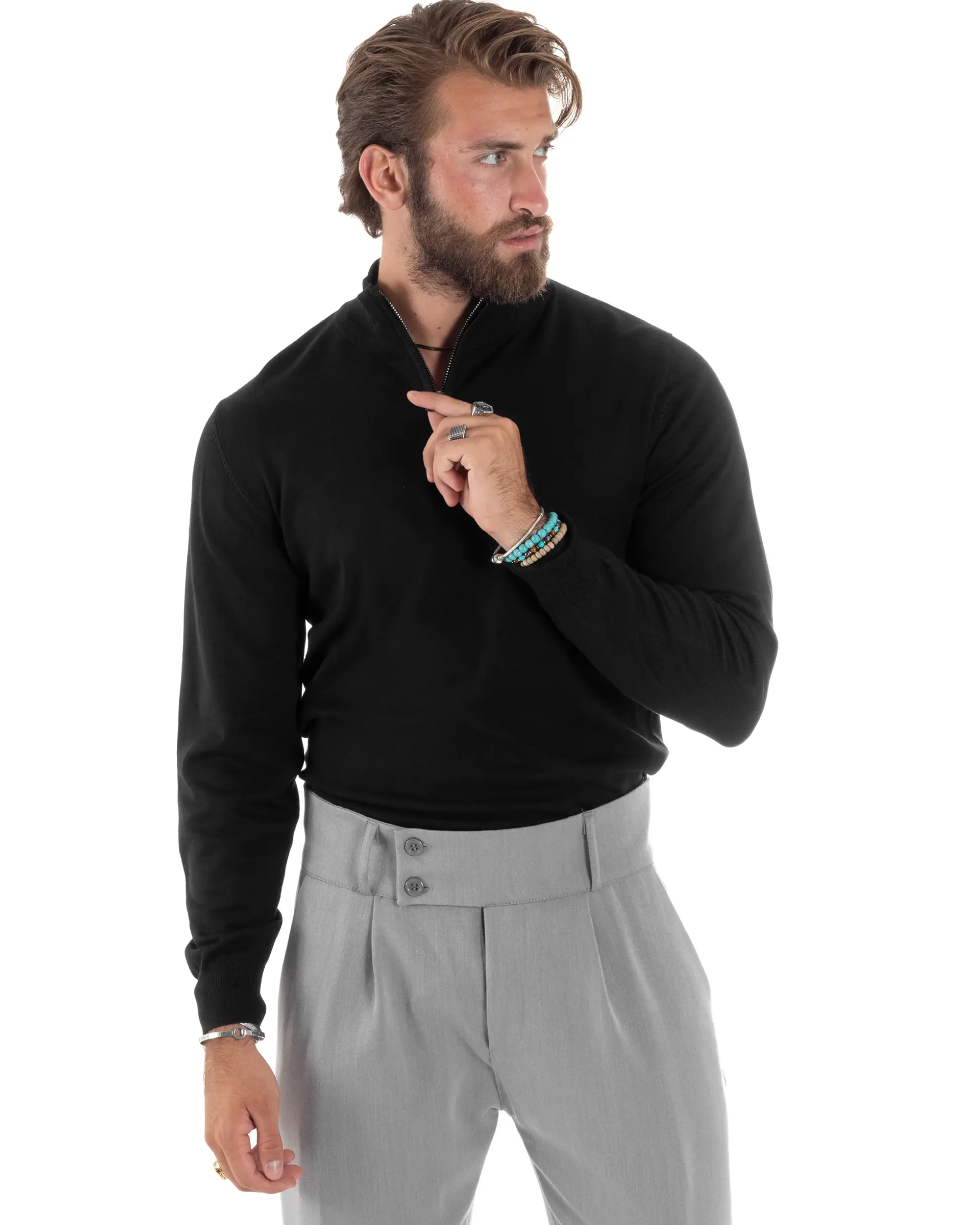 Maglioncino Uomo Maglia Maniche Lunghe Rasata Basic Pullover Mezza Zip Tinta Unita Nero GIOSAL-M2839A