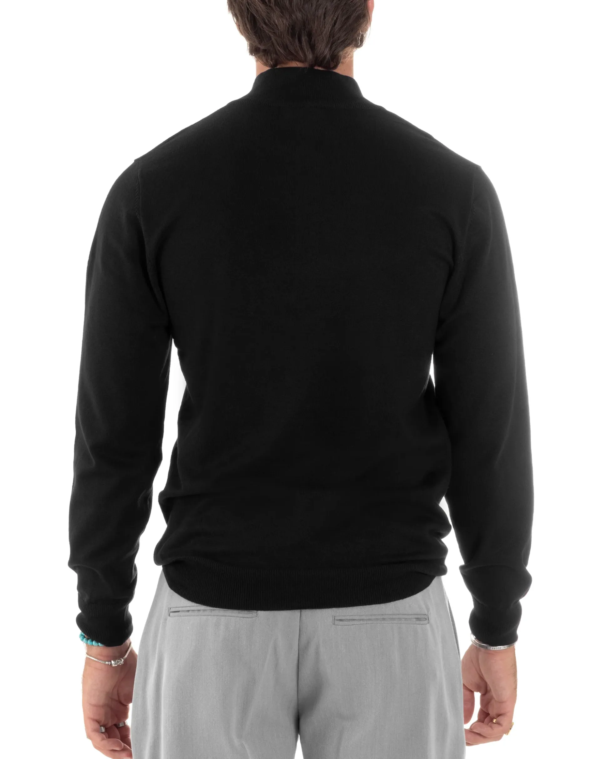 Maglioncino Uomo Maglia Maniche Lunghe Rasata Basic Pullover Mezza Zip Tinta Unita Nero GIOSAL-M2839A