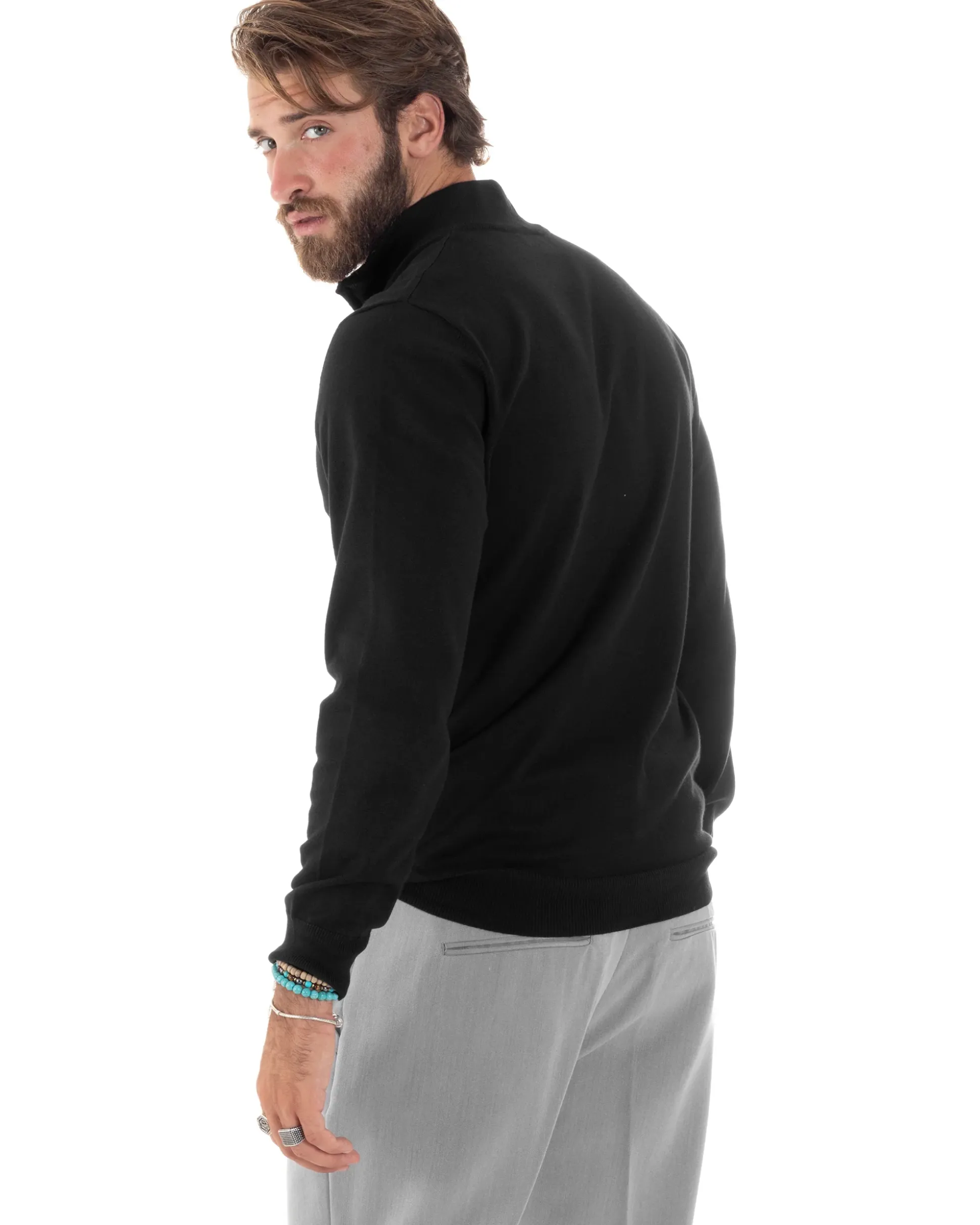 Maglioncino Uomo Maglia Maniche Lunghe Rasata Basic Pullover Mezza Zip Tinta Unita Nero GIOSAL-M2839A