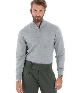 Maglioncino Uomo Maglia Maniche Lunghe Rasata Basic Pullover Mezza Zip Tinta Unita Grigio GIOSAL-M2841A