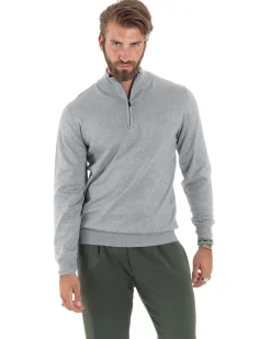 Maglioncino Uomo Maglia Maniche Lunghe Rasata Basic Pullover Mezza Zip Tinta Unita Grigio GIOSAL-M2841A