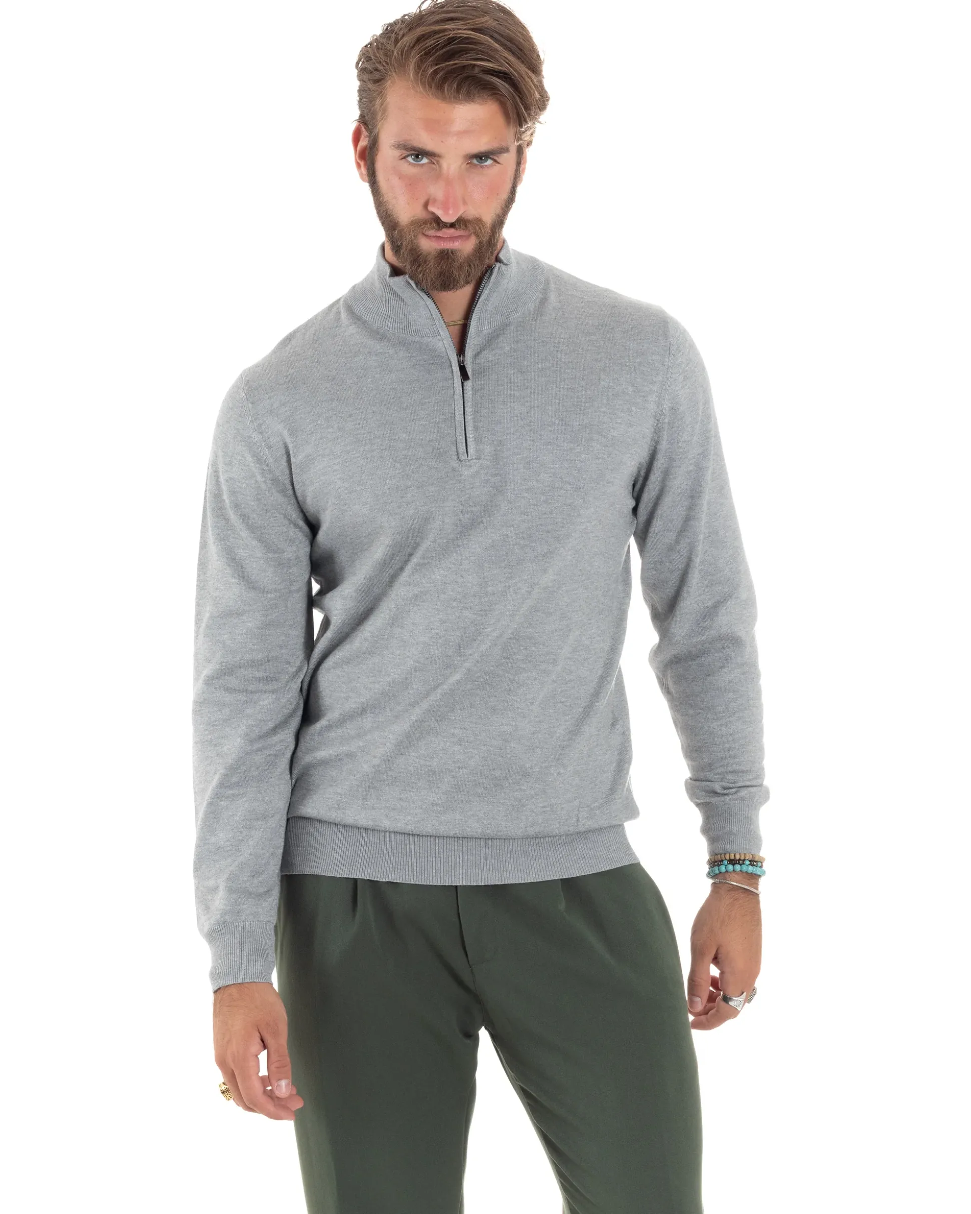 Maglioncino Uomo Maglia Maniche Lunghe Rasata Basic Pullover Mezza Zip Tinta Unita Grigio GIOSAL-M2841A